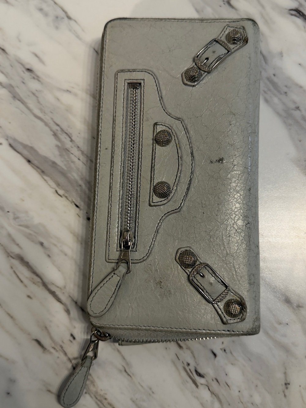 Balenciaga Light Gray Leather Zip Wallet with Stud Detailing - Picture 7 of 8